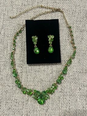 New Ever Faith Gold-Tone Green Crystal Teardrop Necklace & Earrings Set